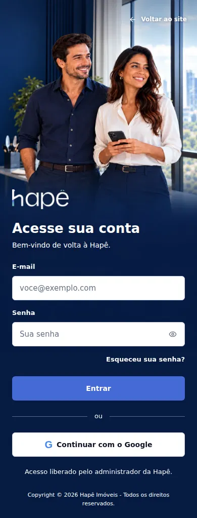 Tela de login do aplicativo do corretor Hapê: Acesse sua conta