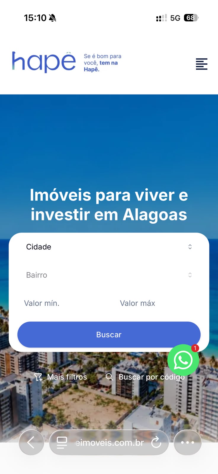 Tela real do portal Hapê Imóveis no celular, com busca de imóveis em Alagoas